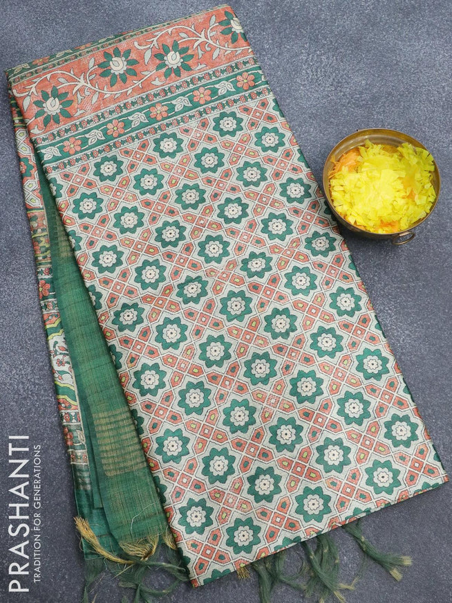Chappa saree grey orange and green shade with allover ajrakh prints and zari woven border - {{ collection.title }} by Prashanti Sarees