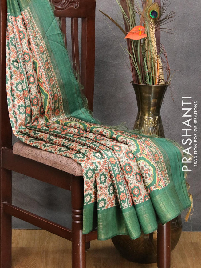 Chappa saree grey orange and green shade with allover ajrakh prints and zari woven border - {{ collection.title }} by Prashanti Sarees