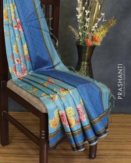 Chappa saree greyish blue and black with allover floral prints and printed border - {{ collection.title }} by Prashanti Sarees