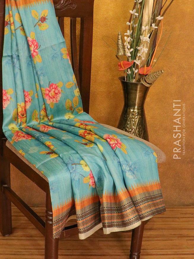 Chappa saree light blue with floral prints and zari woven border - {{ collection.title }} by Prashanti Sarees