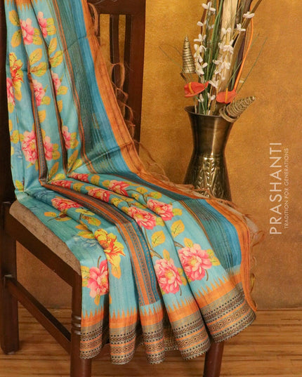 Chappa saree light blue with floral prints and zari woven border - {{ collection.title }} by Prashanti Sarees