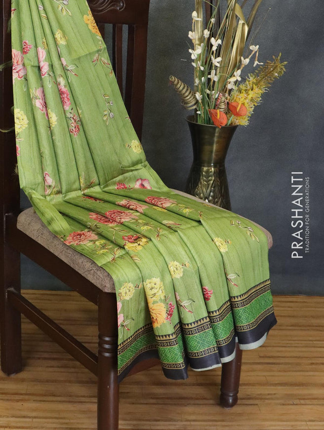 Chappa saree light green and black with allover floral prints and printed border - {{ collection.title }} by Prashanti Sarees