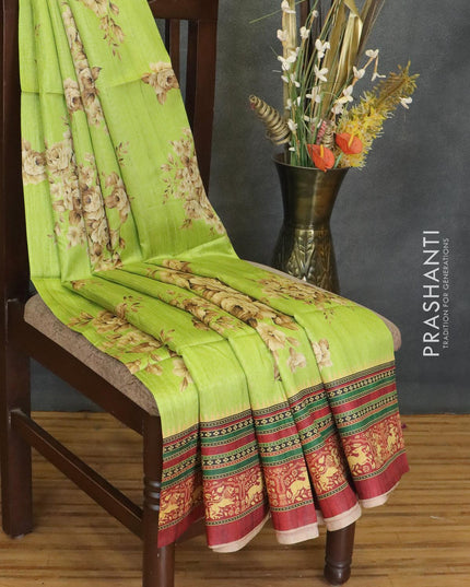 Chappa saree light green and maroon with allover floral prints and printed border - {{ collection.title }} by Prashanti Sarees