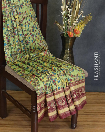 Chappa saree light green and maroon with allover kalamkari prints and printed border - {{ collection.title }} by Prashanti Sarees