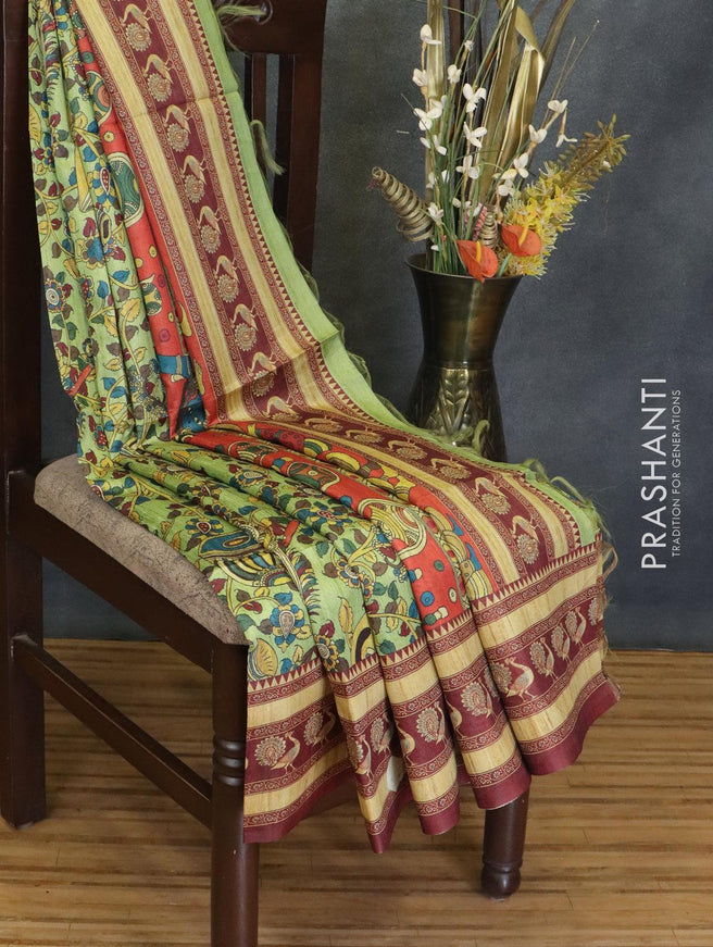 Chappa saree light green and maroon with allover kalamkari prints and printed border - {{ collection.title }} by Prashanti Sarees