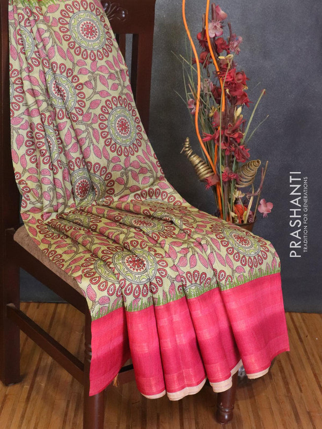 Chappa saree light green and pink with allover prints and woven border - LBZ7939 - {{ collection.title }} by Prashanti Sarees