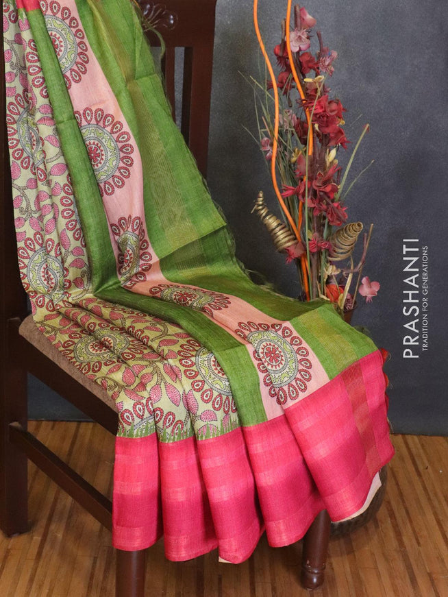 Chappa saree light green and pink with allover prints and woven border - LBZ7939 - {{ collection.title }} by Prashanti Sarees
