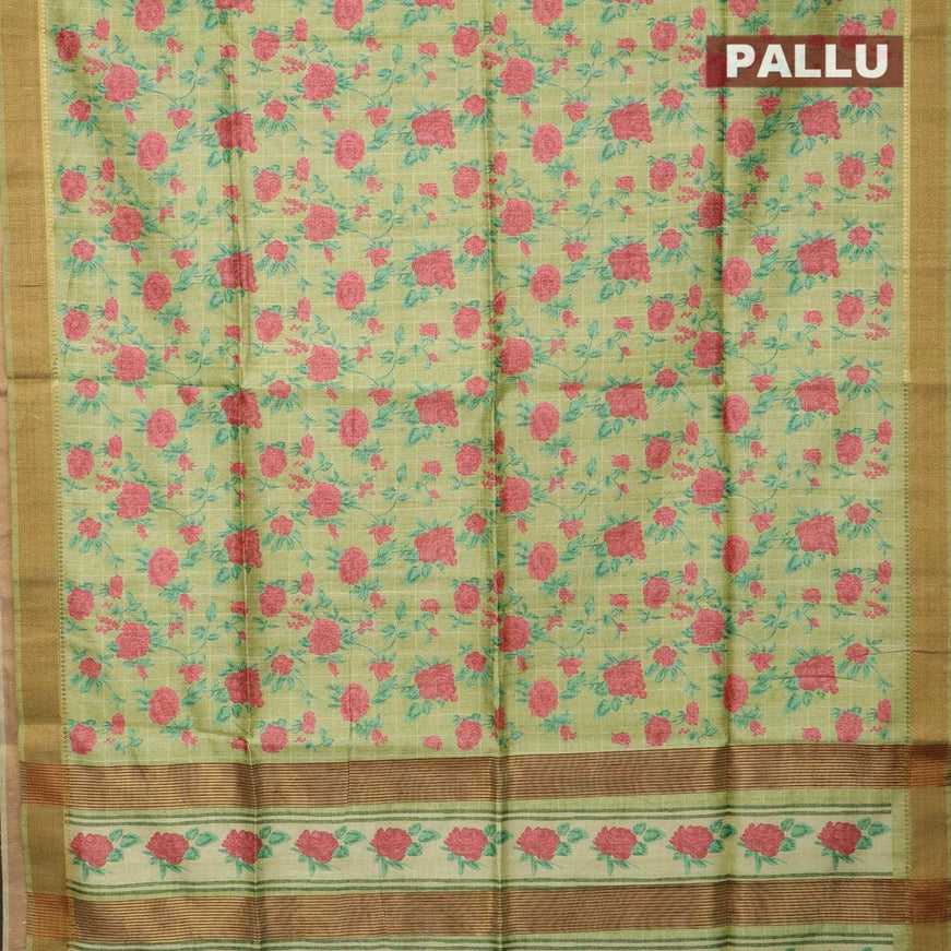 Chappa saree light green shade with allover floral prints and zari woven border - {{ collection.title }} by Prashanti Sarees