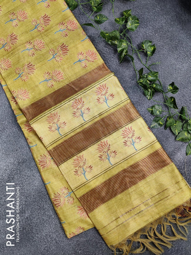 Chappa saree lime green shade with allover floral prints and zari woven border - {{ collection.title }} by Prashanti Sarees