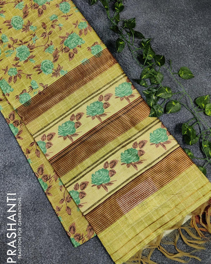 Chappa saree lime yellow shade with allover floral prints and zari woven border - {{ collection.title }} by Prashanti Sarees