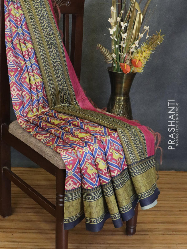 Chappa saree magenta pink and navy blue with allover ikat prints and printed border - {{ collection.title }} by Prashanti Sarees