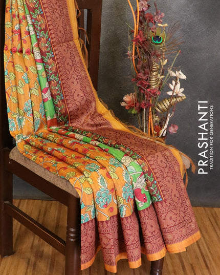 Chappa saree mango yellow and deep maroon with allover floral prints and printed border - {{ collection.title }} by Prashanti Sarees