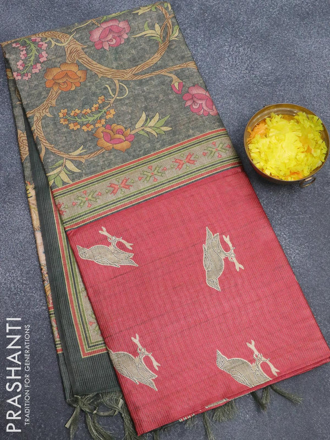 Chappa saree maroon shade and dark elephant grey with allover zari weaves & butta prints and simple border - {{ collection.title }} by Prashanti Sarees