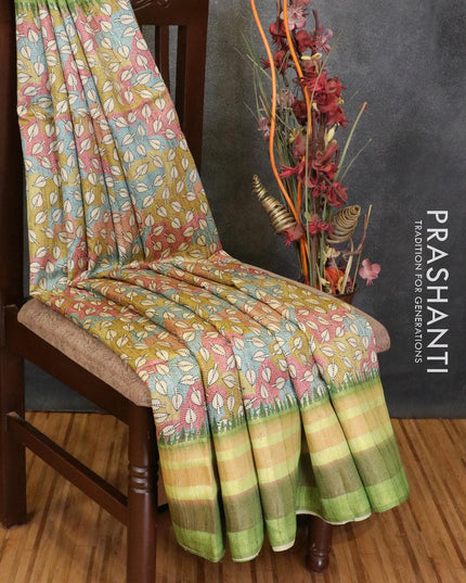 Chappa saree multi colour and light green with allover leaf prints and woven border - {{ collection.title }} by Prashanti Sarees
