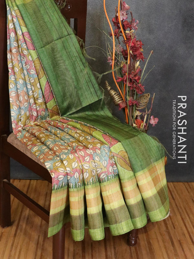 Chappa saree multi colour and light green with allover leaf prints and woven border - {{ collection.title }} by Prashanti Sarees