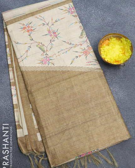 Chappa saree mustard green and beige with allover zari weave & floral prints and simple border - {{ collection.title }} by Prashanti Sarees