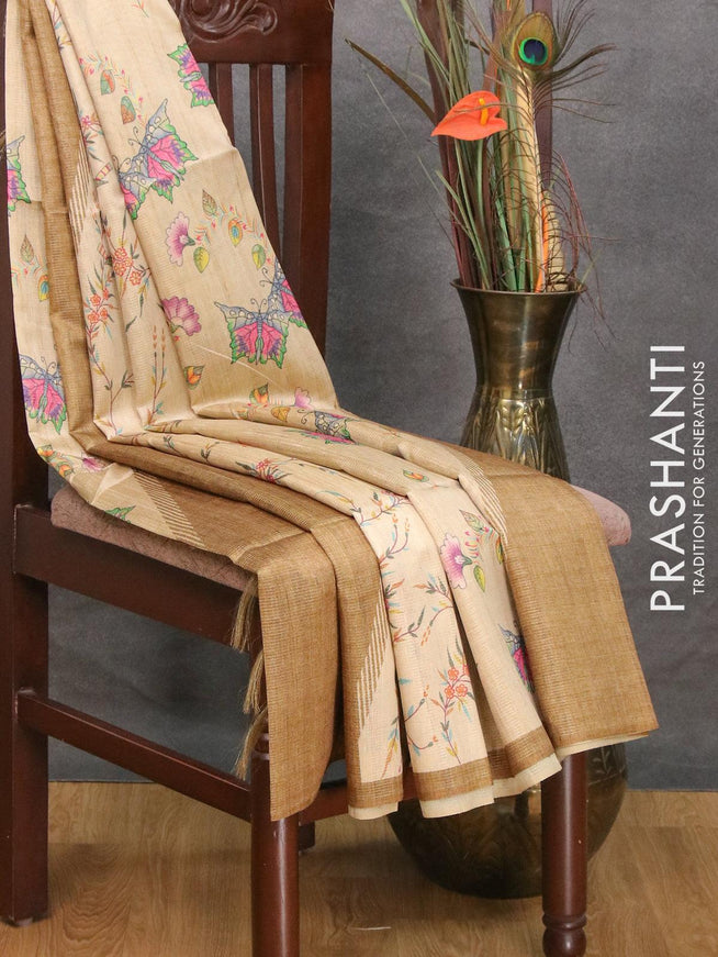 Chappa saree mustard green and beige with allover zari weave & floral prints and simple border - {{ collection.title }} by Prashanti Sarees