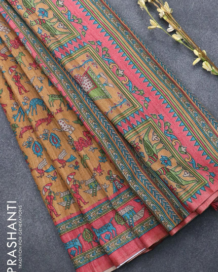 Chappa saree mustard shade and peach pink shade with allover prints and printed border - {{ collection.title }} by Prashanti Sarees