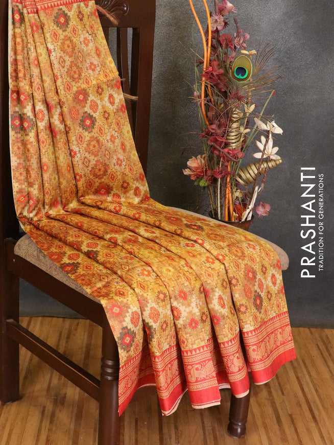 Chappa saree mustard shade and red with allover prints and printed border - {{ collection.title }} by Prashanti Sarees