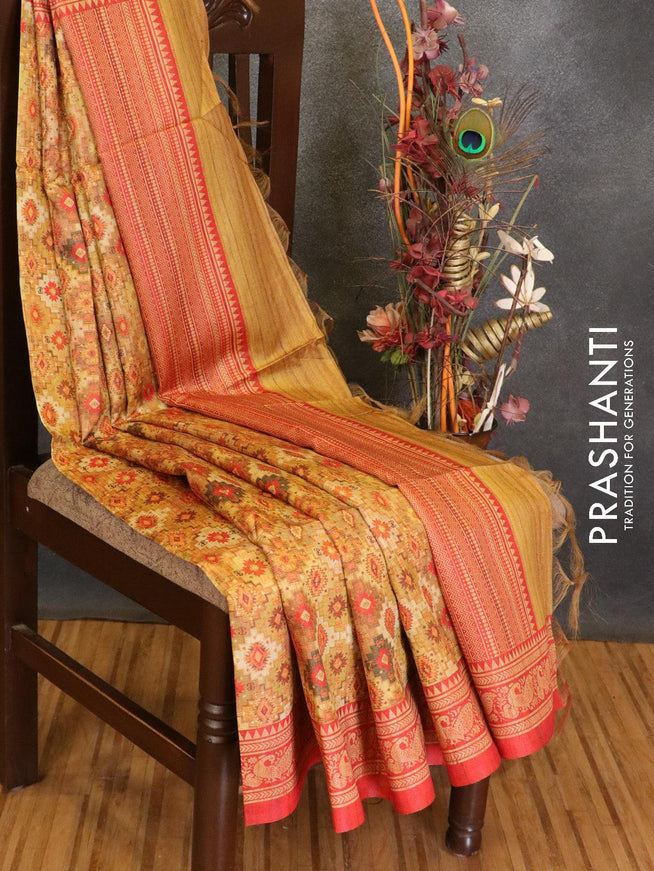 Chappa saree mustard shade and red with allover prints and printed border - {{ collection.title }} by Prashanti Sarees