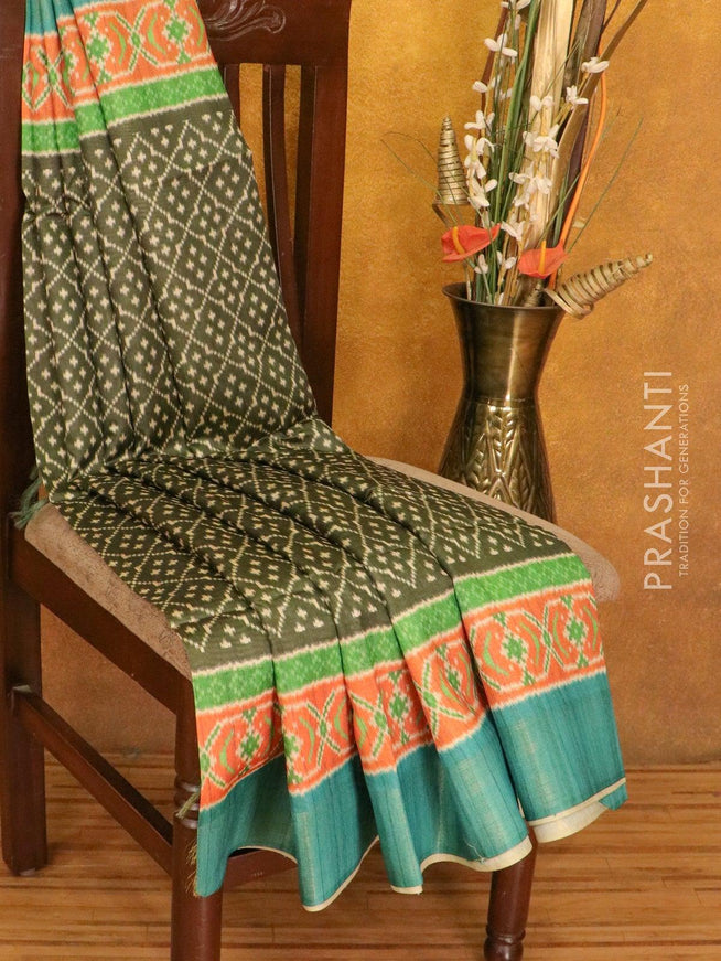 Chappa saree olive green and green with allover ikat prints and zari woven border - {{ collection.title }} by Prashanti Sarees
