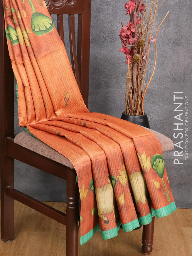 Chappa saree orange and green with allover zari weave & pichwai prints and simple border - {{ collection.title }} by Prashanti Sarees