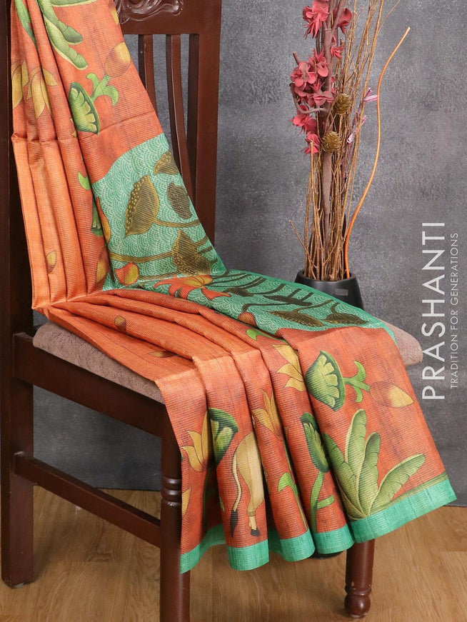 Chappa saree orange and green with allover zari weave & pichwai prints and simple border - {{ collection.title }} by Prashanti Sarees