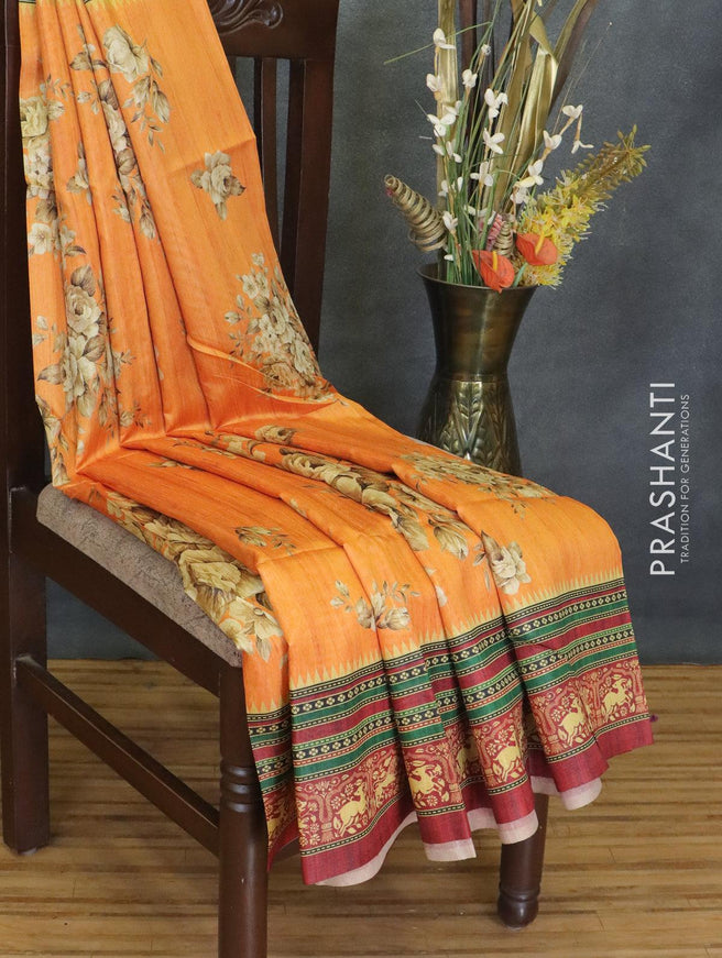 Chappa saree pale orange and maroon with allover floral prints and printed border - {{ collection.title }} by Prashanti Sarees