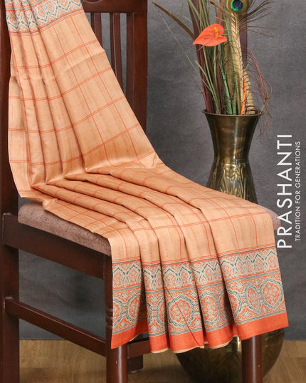 Chappa saree pale orange and pastel blue with allover zari weaves & checked pattern and ajrakh printed border - {{ collection.title }} by Prashanti Sarees