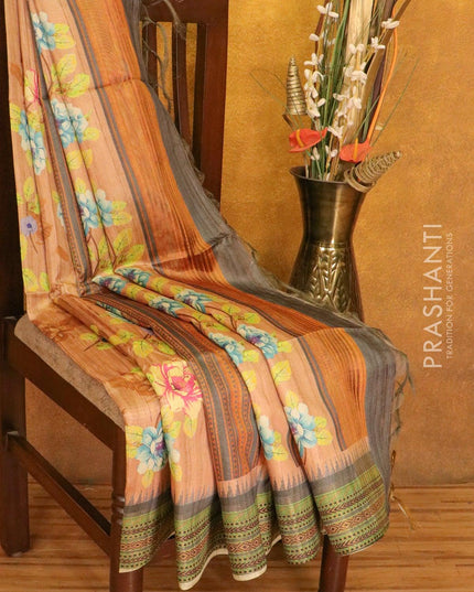 Chappa saree pastel brown and grey with floral prints and zari woven border - {{ collection.title }} by Prashanti Sarees
