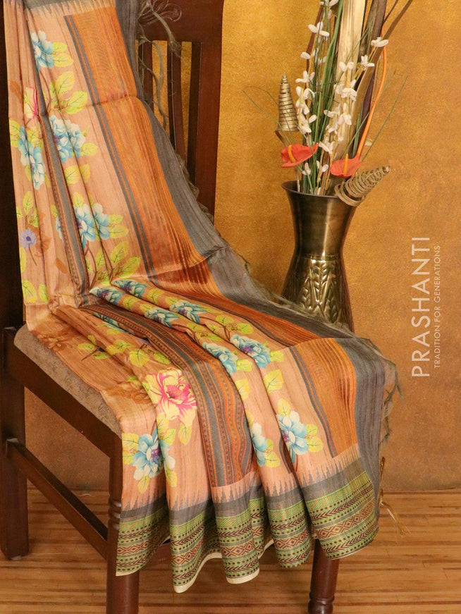 Chappa saree pastel brown and grey with floral prints and zari woven border - {{ collection.title }} by Prashanti Sarees