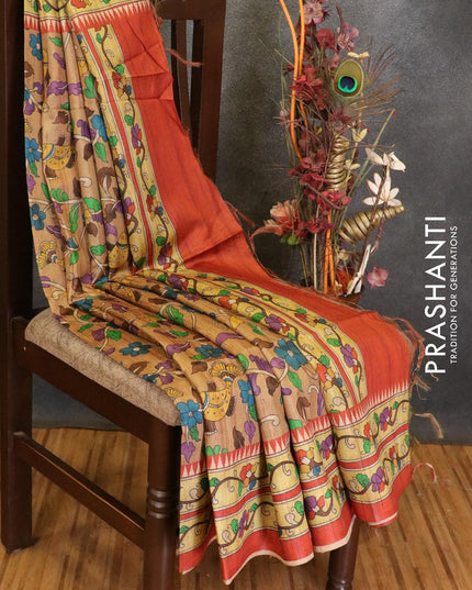 Chappa saree pastel brown and rustic orange with allover prints and printed border - {{ collection.title }} by Prashanti Sarees