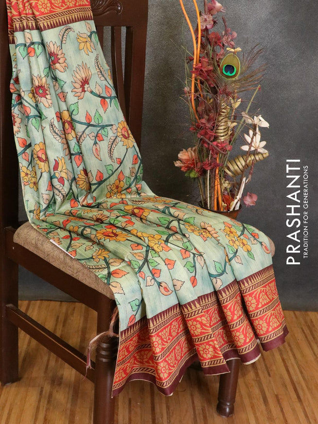 Chappa saree pastel green and deep maroon with allover kalamkari prints and printed border - {{ collection.title }} by Prashanti Sarees
