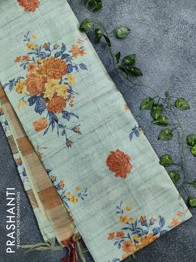 Chappa saree pastel green shade with allover floral prints and zari woven border - PBS1711-1 - {{ collection.title }} by Prashanti Sarees