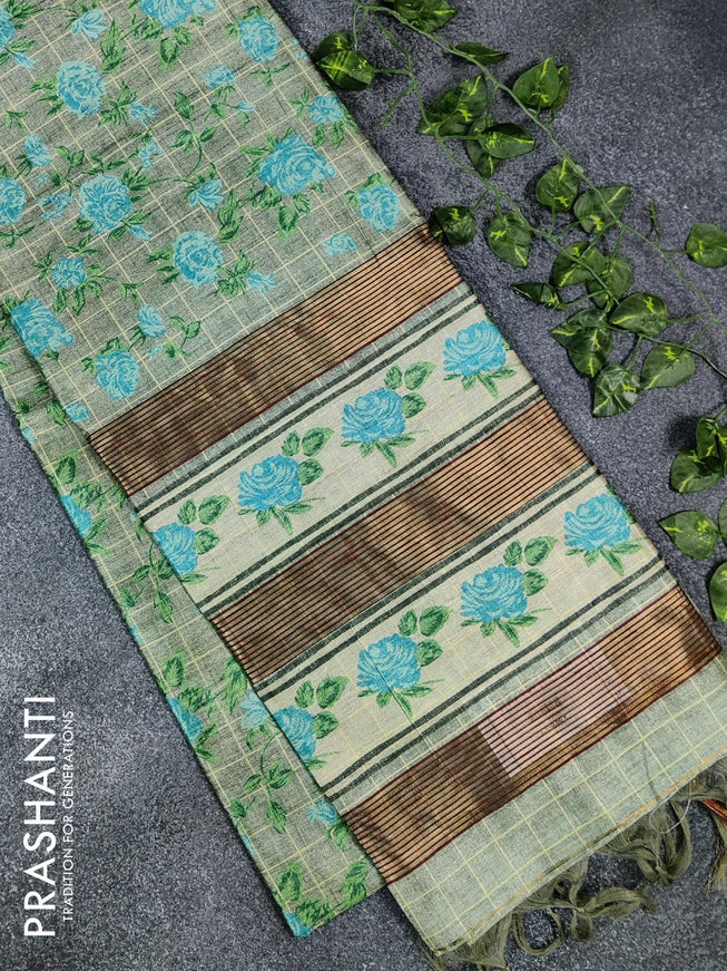 Chappa saree pastel green shade with allover floral prints and zari woven border - {{ collection.title }} by Prashanti Sarees