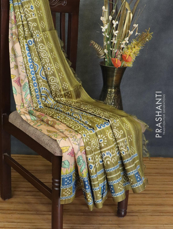 Chappa saree pastel peach and mehendi green with allover floral prints and printed border - {{ collection.title }} by Prashanti Sarees