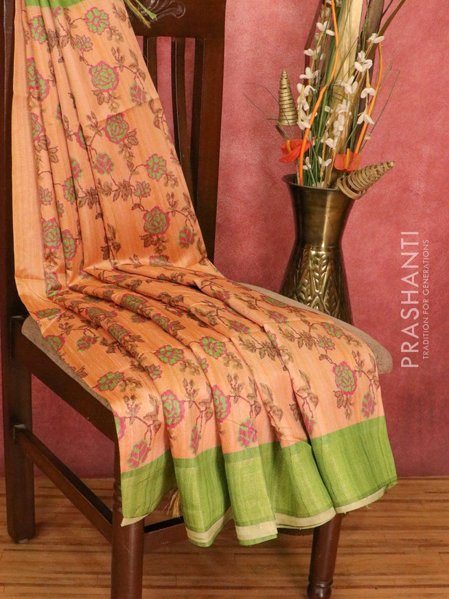 Chappa saree peach and green with floral prints and zari woven border - {{ collection.title }} by Prashanti Sarees