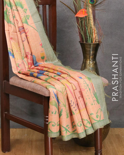 Chappa saree peach orange and green shade with allover zari weave & floral prints and simple border - {{ collection.title }} by Prashanti Sarees