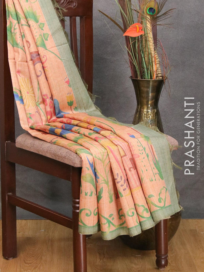 Chappa saree peach orange and green shade with allover zari weave & floral prints and simple border - {{ collection.title }} by Prashanti Sarees