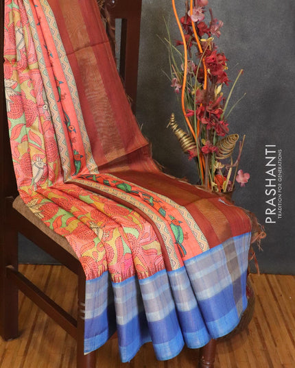 Chappa saree peach pink and blue with allover prints and woven border - {{ collection.title }} by Prashanti Sarees