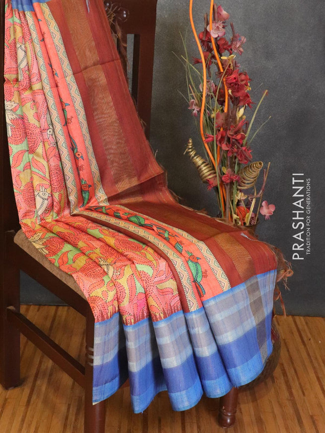 Chappa saree peach pink and blue with allover prints and woven border - {{ collection.title }} by Prashanti Sarees