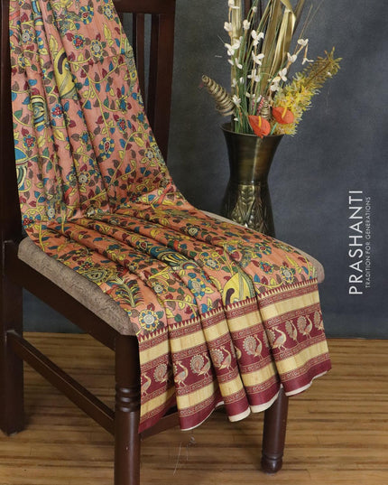 Chappa saree peach shade and maroon with allover kalamkari prints and printed border - {{ collection.title }} by Prashanti Sarees