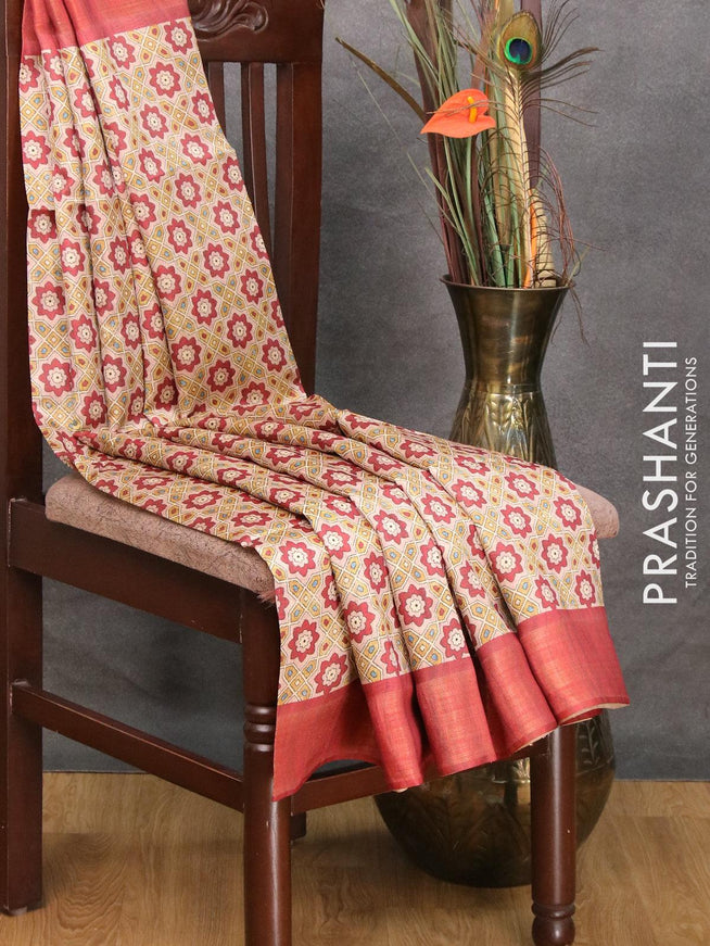 Chappa saree peach shade yellow and maroon with allover ajrakh prints and zari woven border - {{ collection.title }} by Prashanti Sarees