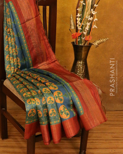 Chappa saree peacock blue and brown shade with allover prints and zari woven border - {{ collection.title }} by Prashanti Sarees