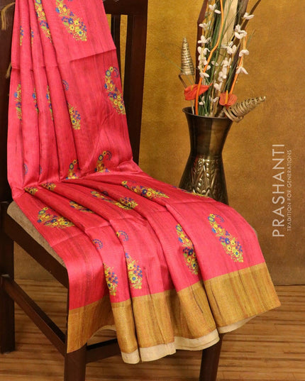 Chappa saree pink and mustard with floral butta prints and zari woven border - {{ collection.title }} by Prashanti Sarees