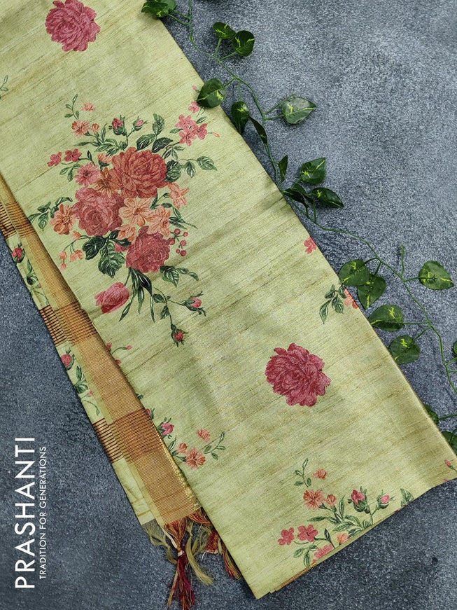 Chappa saree pista green with allover floral prints and zari woven border - {{ collection.title }} by Prashanti Sarees