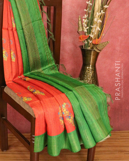 Chappa saree reddish orange and green with floral butta prints and zari woven border - IBP2515 - {{ collection.title }} by Prashanti Sarees