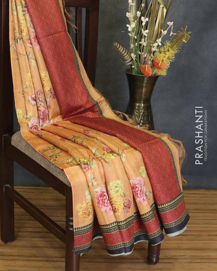 Chappa saree rust shade and black with allover floral prints and printed border - {{ collection.title }} by Prashanti Sarees