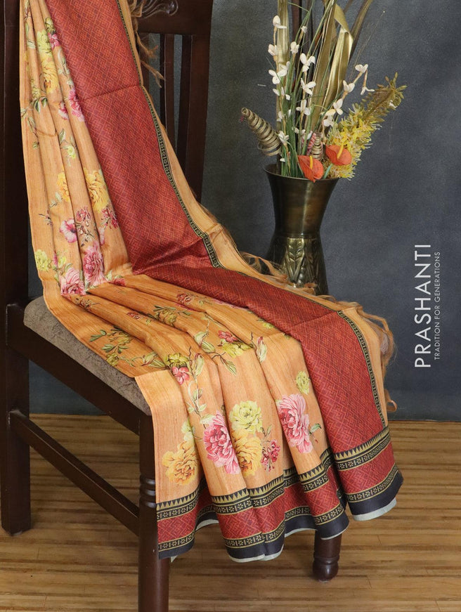 Chappa saree rust shade and black with allover floral prints and printed border - {{ collection.title }} by Prashanti Sarees