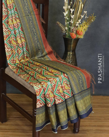 Chappa saree rustic brown and navy blue with allover ikat prints and printed border - {{ collection.title }} by Prashanti Sarees